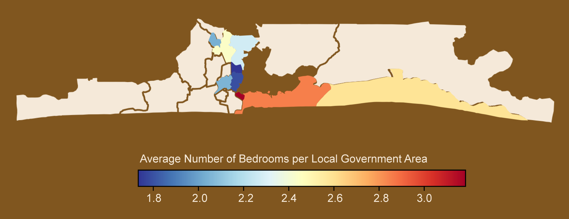 Map showing average number of bedrooms per local government area in a small sample of Lagos properties